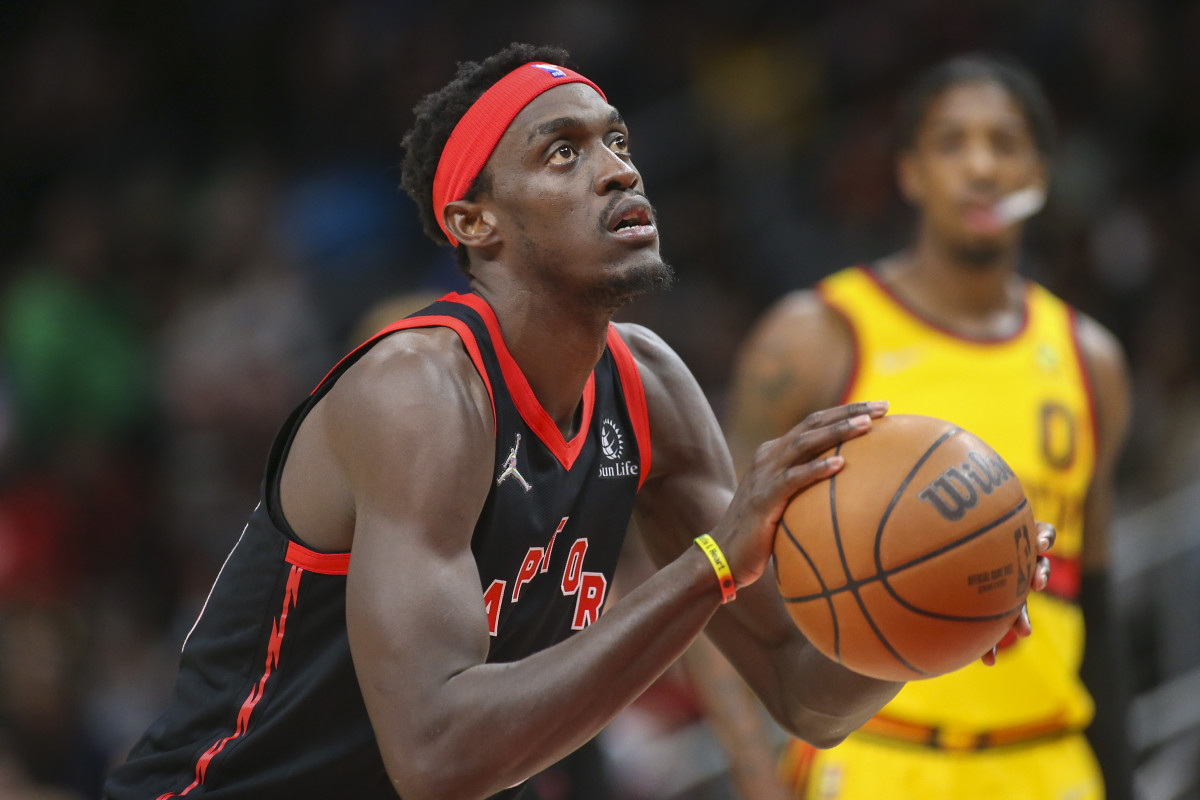 Feb 26, 2022; Atlanta, Georgia, USA; Toronto Raptors forward Pascal Siakam (43) shoots a free throw against the Atlanta Hawks in the second quarter at State Farm Arena.